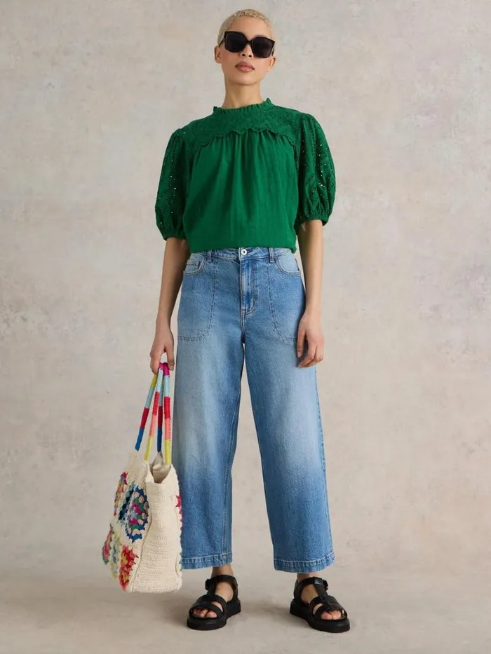 White Stuff TROUSERS Tia Wide Leg Crop Jean Mid Denim 8211 Women