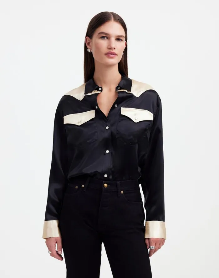 Women Alexa Chung For Madewell Satin Western Shirt True Black Alabaster Madewell Tops and Shirts Women Alexa Chung For Madewell Satin Western Shirt True Black Alabaster Madewell Tops and Shirts