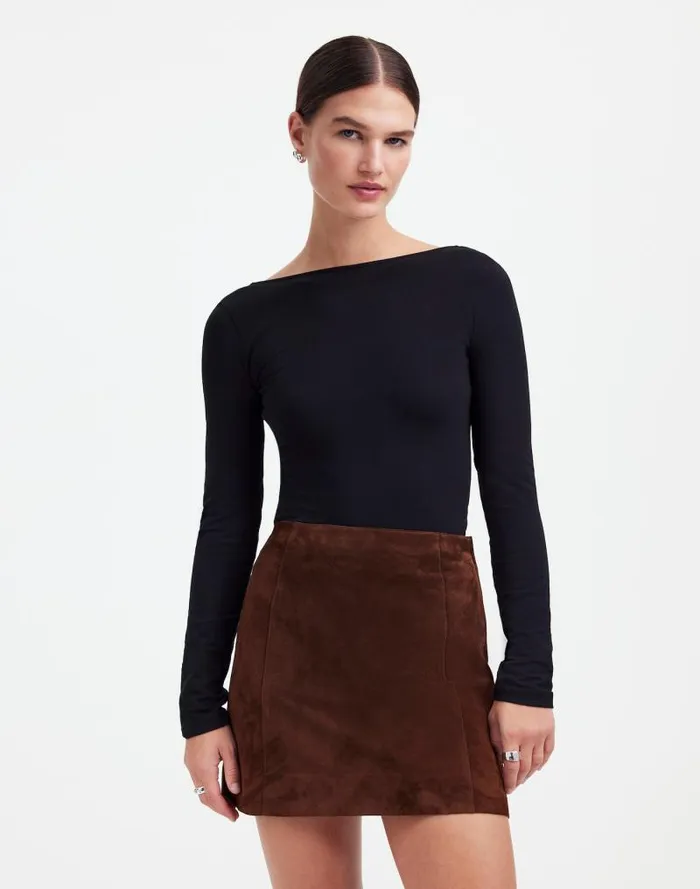 Women Alexa Chung For Madewell Suede Mini Skirt Dark Roast Suede Madewell Skirts
