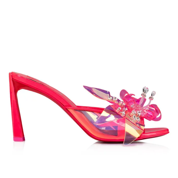 Women Alyah Mule 85 Mm Sandals 8211 TPU Techno Crepe Satin Pearlescent Patent Leather And Strass 8211 Fluo Pink Pink Christian Louboutin Mules