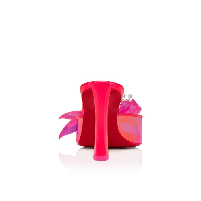 Women Alyah Mule 85 Mm Sandals 8211 TPU Techno Crepe Satin Pearlescent Patent Leather And Strass 8211 Fluo Pink Pink Christian Louboutin Mules