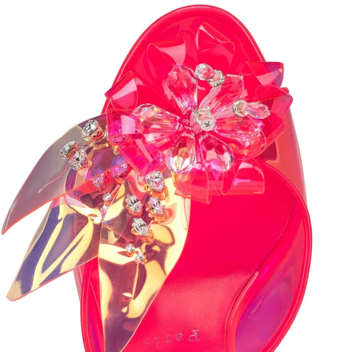 Women Alyah Mule 85 Mm Sandals 8211 TPU Techno Crepe Satin Pearlescent Patent Leather And Strass 8211 Fluo Pink Pink Christian Louboutin Mules