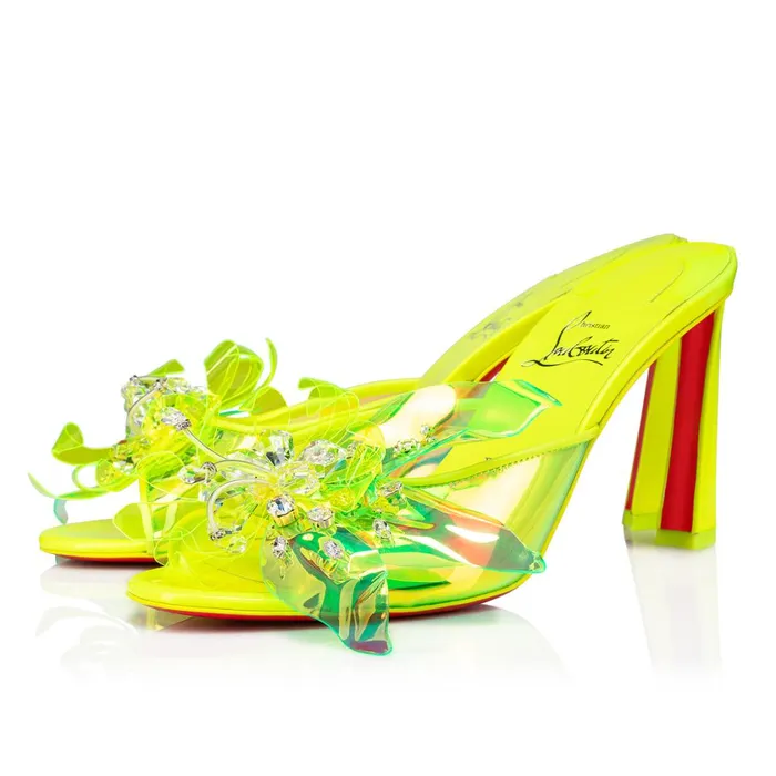 Women Alyah Mule 85 Mm Sandals 8211 TPU Techno Crepe Satin Pearlescent Patent Leather And Strass 8211 Fluo Yellow Yellow Christian Louboutin Mules