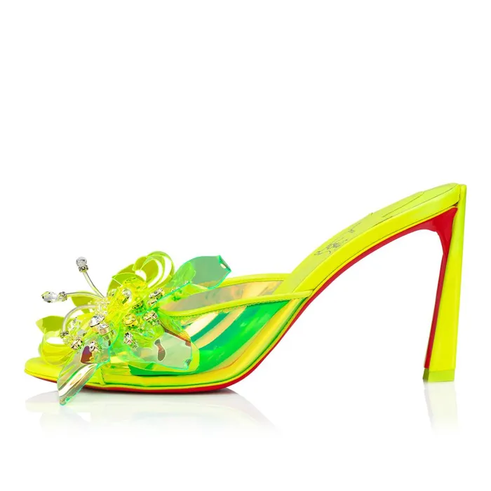 Women Alyah Mule 85 Mm Sandals 8211 TPU Techno Crepe Satin Pearlescent Patent Leather And Strass 8211 Fluo Yellow Yellow Christian Louboutin Mules