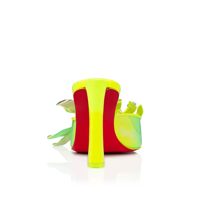Women Alyah Mule 85 Mm Sandals 8211 TPU Techno Crepe Satin Pearlescent Patent Leather And Strass 8211 Fluo Yellow Yellow Christian Louboutin Mules