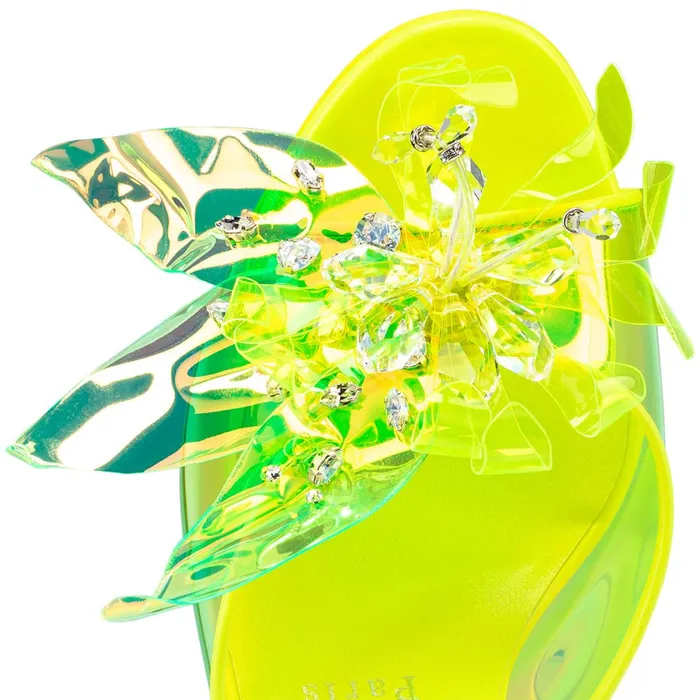 Women Alyah Mule 85 Mm Sandals 8211 TPU Techno Crepe Satin Pearlescent Patent Leather And Strass 8211 Fluo Yellow Yellow Christian Louboutin Mules