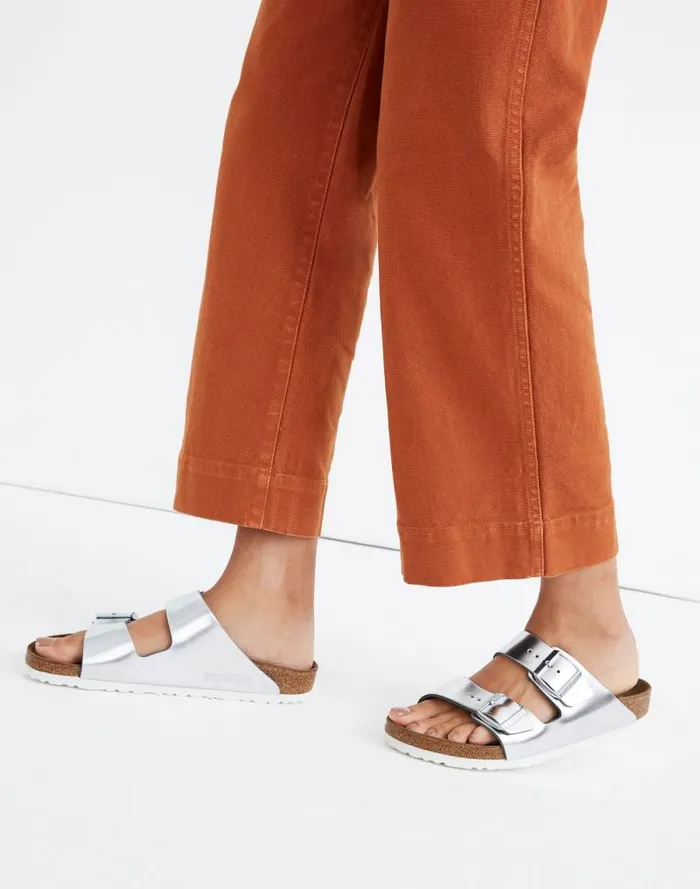 Women Birkenstock Arizona Sandals In Leather Silver Madewell Sandals