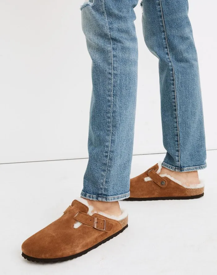 Women Birkenstock Suede Boston Clogs In Shearling Suede Shearling Madewell Flats and Loafers