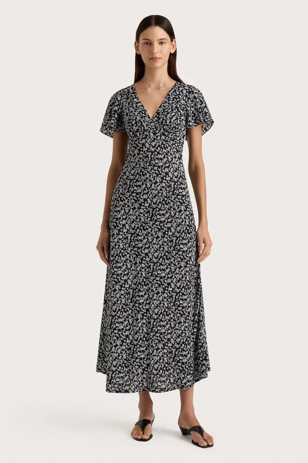 Women Boda Midi Dress Amaryllis Floral Black Faithfull The Brand Dresses