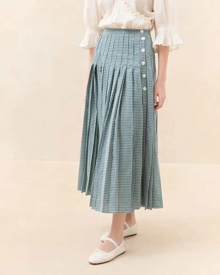 Women Bottoms Loeffler Randall Emlyn Green Gingham Pleated Skirt I Bottoms I Apparel Women Bottoms Loeffler Randall Emlyn Green Gingham Pleated Skirt I Bottoms I Apparel
