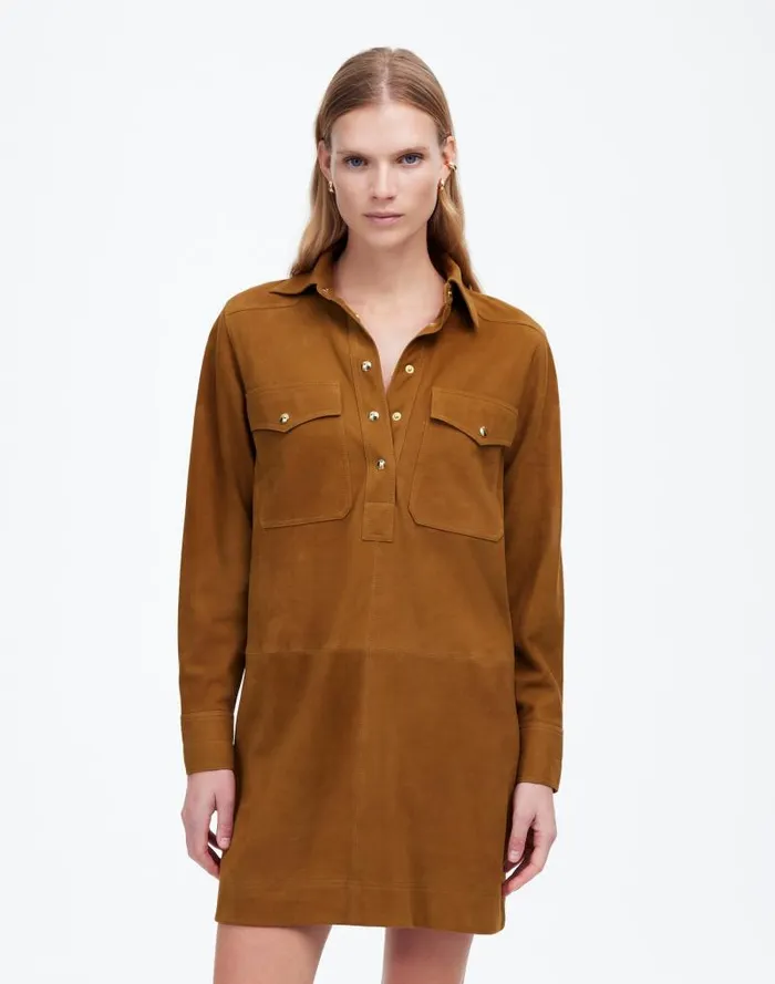 Women ButtonUp Mini Shirtdress In Suede Leather Suede Madewell Dresses