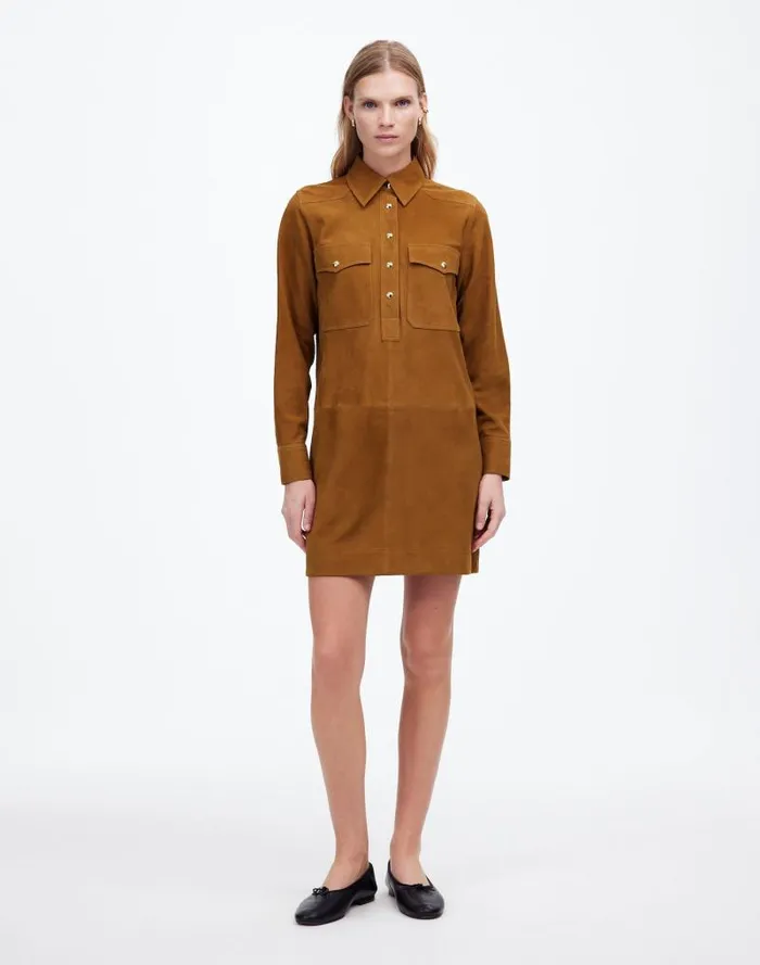 Women ButtonUp Mini Shirtdress In Suede Leather Suede Madewell Dresses