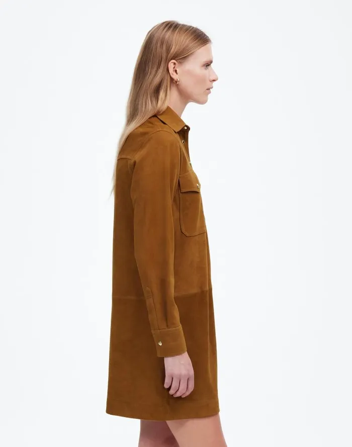 Women ButtonUp Mini Shirtdress In Suede Leather Suede Madewell Dresses