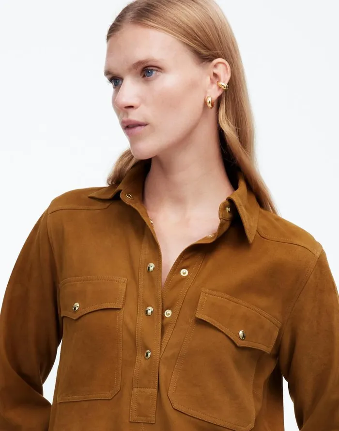 Women ButtonUp Mini Shirtdress In Suede Leather Suede Madewell Dresses