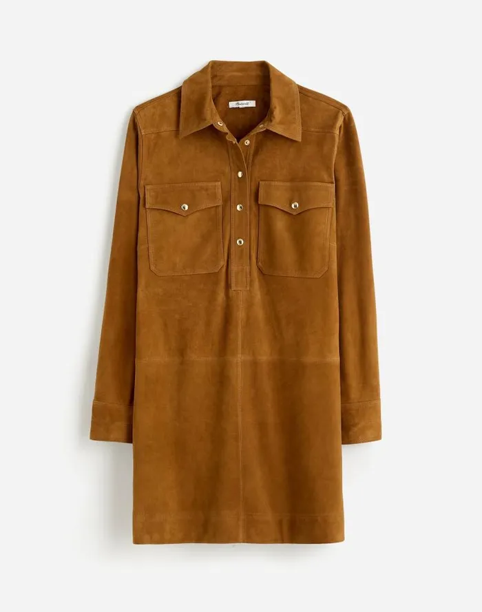 Women ButtonUp Mini Shirtdress In Suede Leather Suede Madewell Dresses
