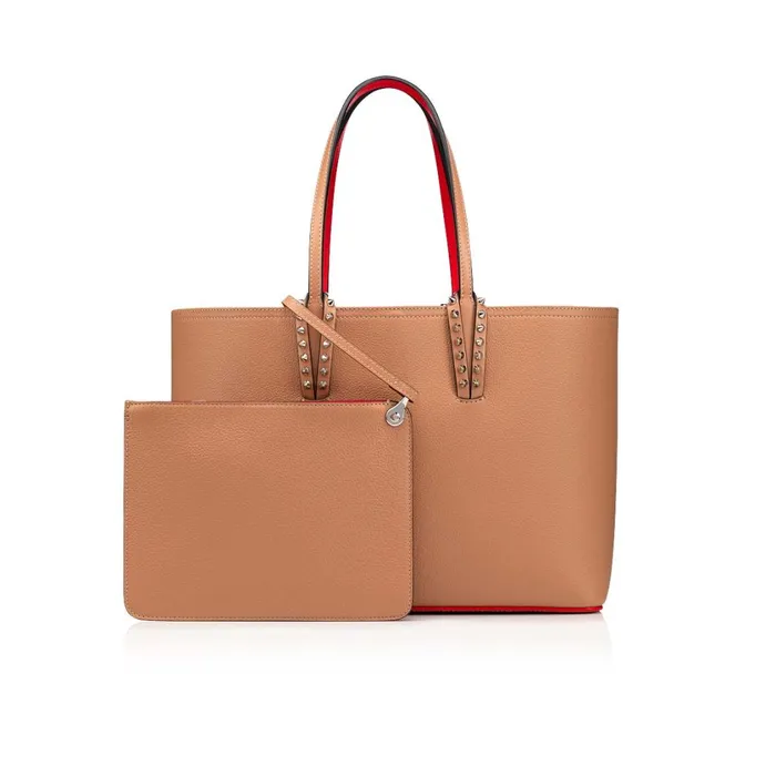 Women Cabata Small Tote Bag 8211 Calf Leather And Spikes 8211 Nude Nude Christian Louboutin Totes