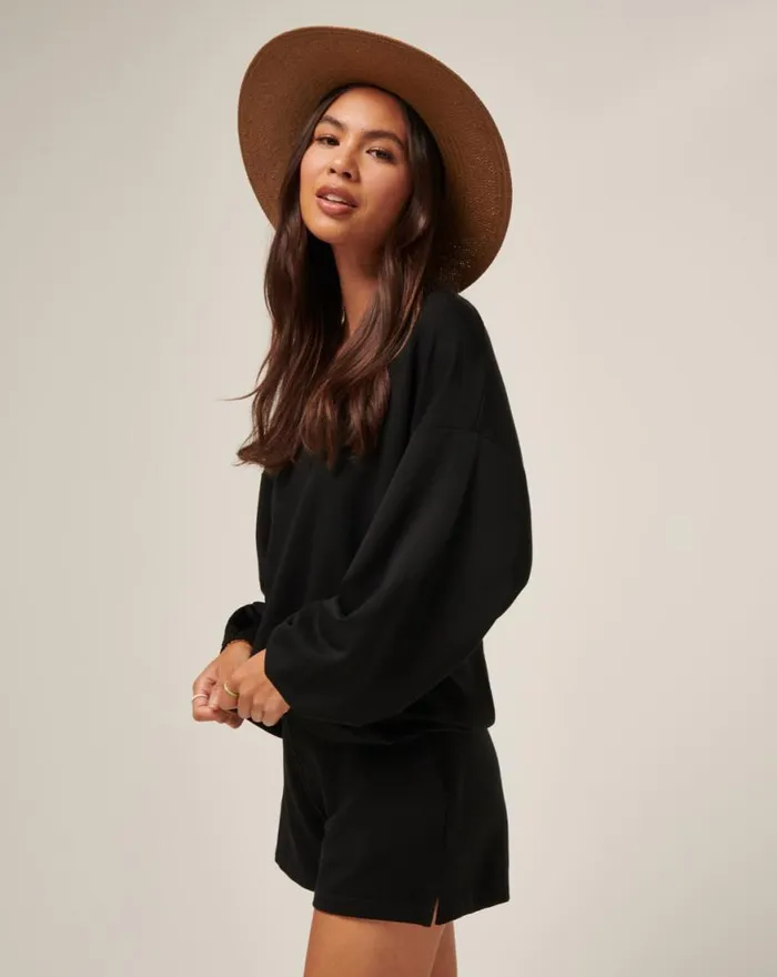 Women CLOUD TERRY VNECK TOP Black TravisMathew Shirts and Tops