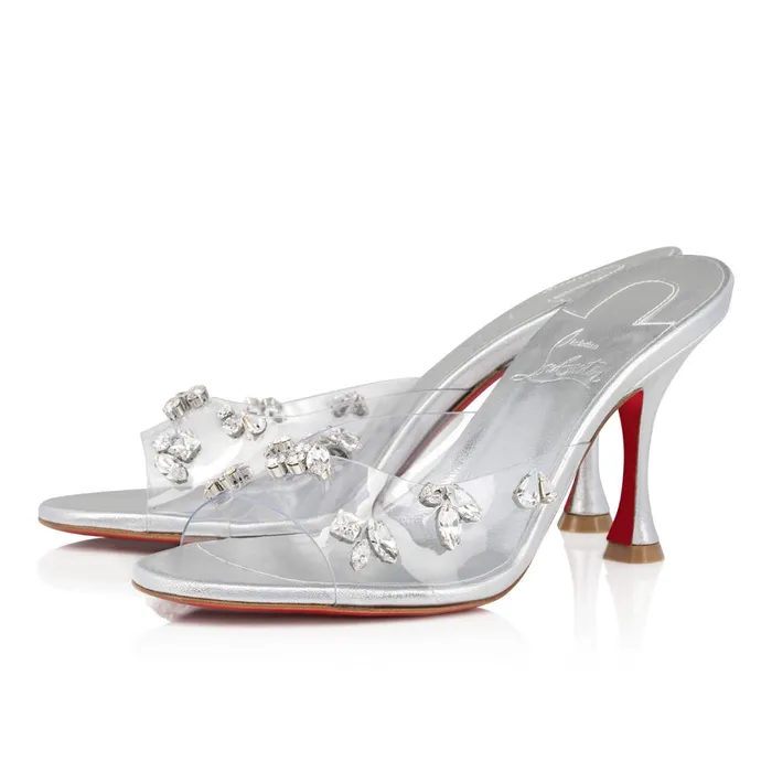 Women Degraqueen 85 Mm Mules 8211 PVC And Iridescent Nappa Leather 8211 Crystal Silver Christian Louboutin Sandals and Slides Women Degraqueen 85 Mm Mules 8211 PVC And Iridescent Nappa Leather 8211 Crystal Silver Christian Louboutin Sandals and Slides