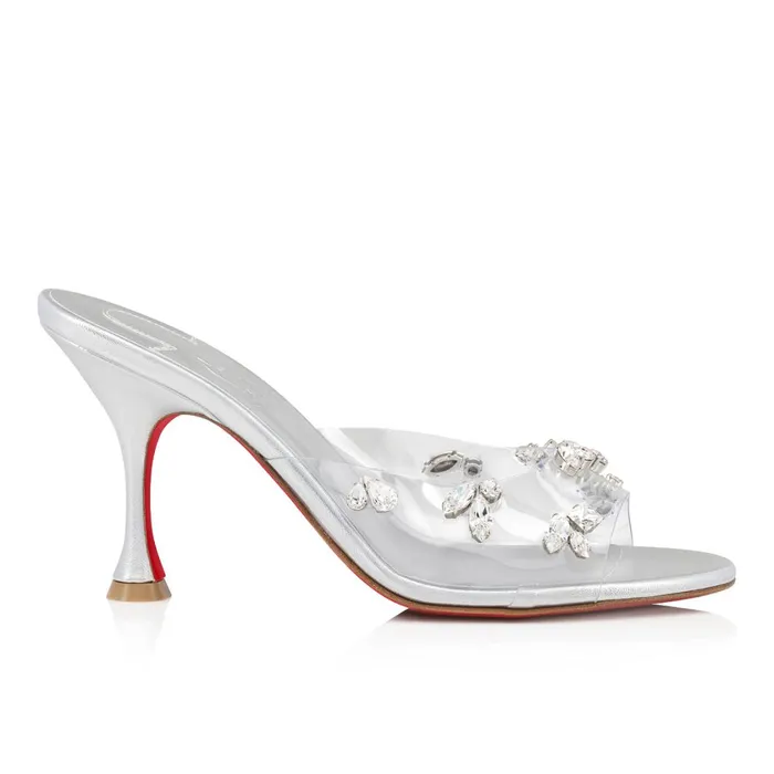 Women Degraqueen 85 Mm Mules 8211 PVC And Iridescent Nappa Leather 8211 Crystal Silver Christian Louboutin Sandals and Slides