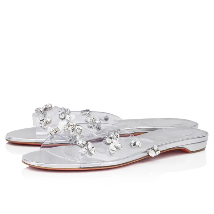 Women Degraqueenie Mules 8211 PVC And Iridescent Nappa Leather 8211 Crystal Silver Christian Louboutin Sandals and Slides Women Degraqueenie Mules 8211 PVC And Iridescent Nappa Leather 8211 Crystal Silver Christian Louboutin Sandals and Slides