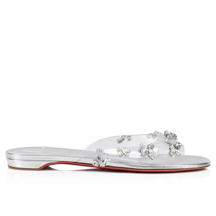 Women Degraqueenie Mules 8211 PVC And Iridescent Nappa Leather 8211 Crystal Silver Christian Louboutin Sandals and Slides