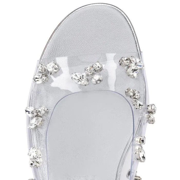 Women Degraqueenie Mules 8211 PVC And Iridescent Nappa Leather 8211 Crystal Silver Christian Louboutin Sandals and Slides
