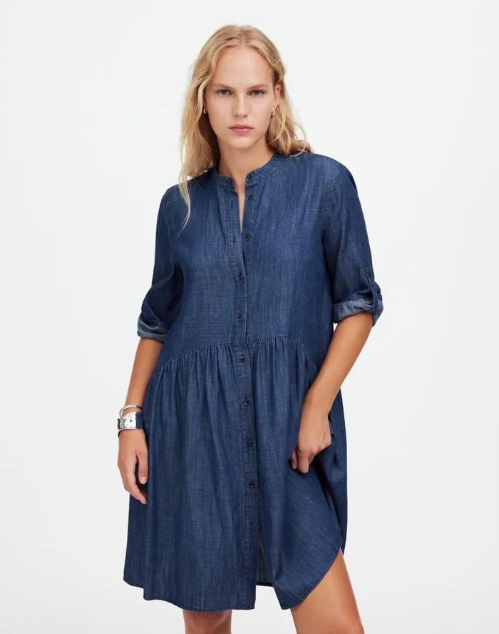 Women Denim ButtonFront Mini Shirtdress Denim Blue Madewell Dresses