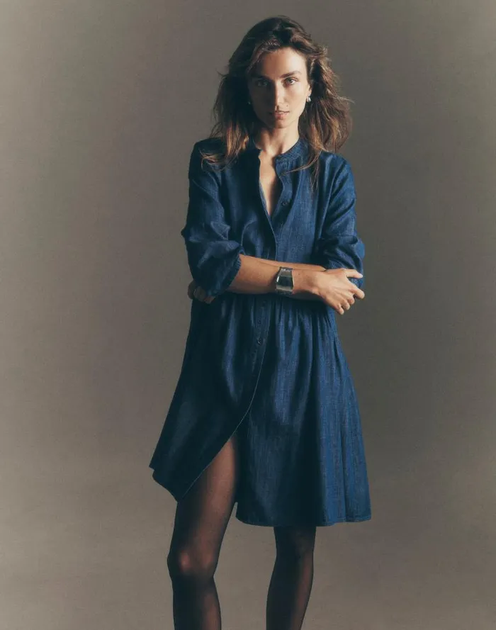 Women Denim ButtonFront Mini Shirtdress Denim Blue Madewell Dresses