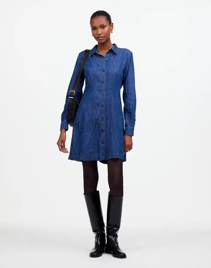 Women Denim Seamed Mini Dress In Clearfield Wash Clearfield Wash Madewell Dresses