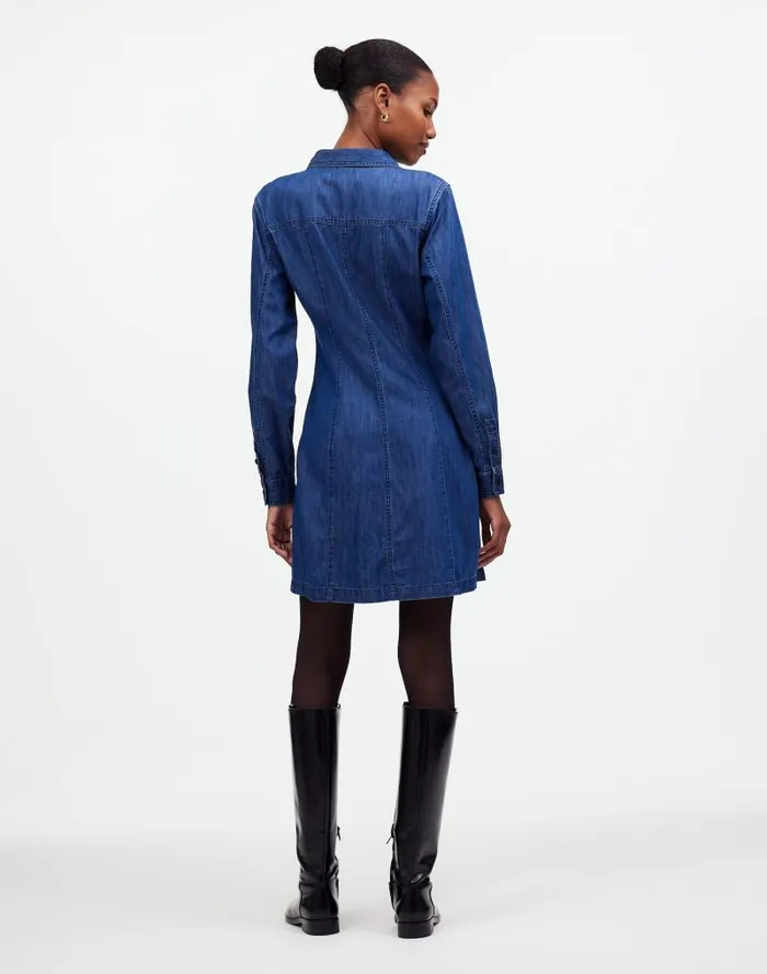 Women Denim Seamed Mini Dress In Clearfield Wash Clearfield Wash Madewell Dresses