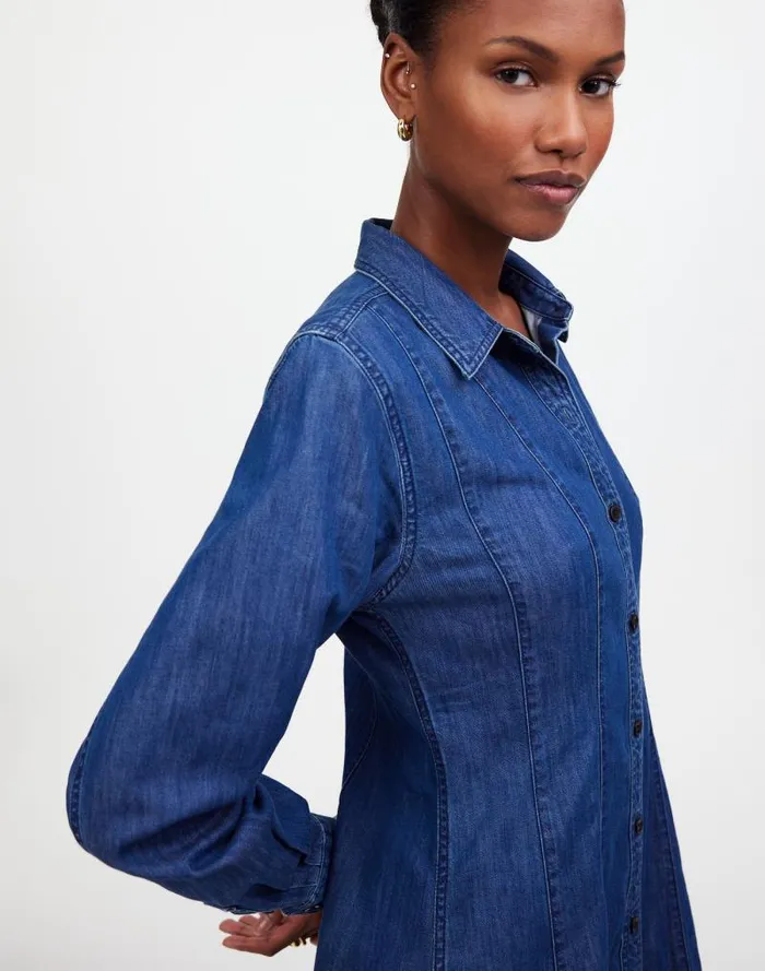 Women Denim Seamed Mini Dress In Clearfield Wash Clearfield Wash Madewell Dresses