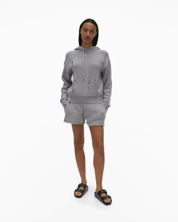 Women Distressed Hoodie Grey Melange Helmut Lang Sweaters