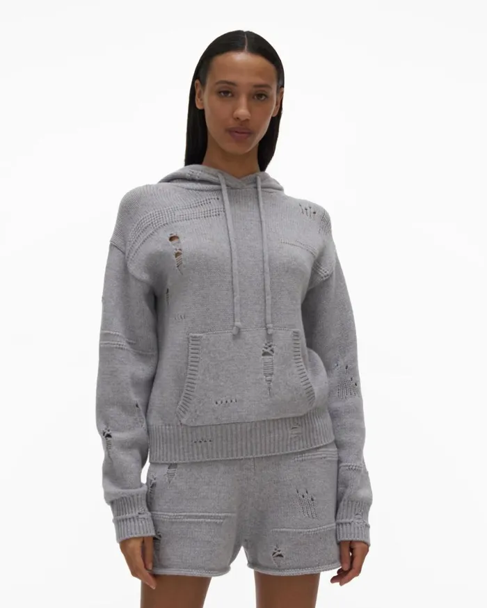 Women Distressed Hoodie Grey Melange Helmut Lang Sweaters