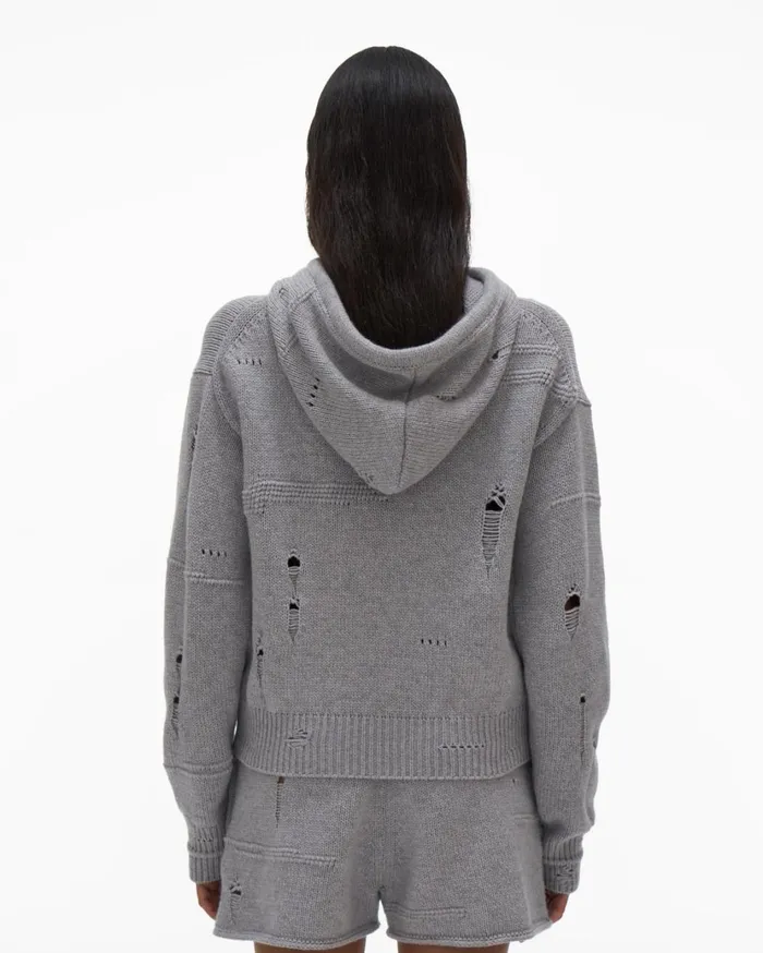 Women Distressed Hoodie Grey Melange Helmut Lang Sweaters