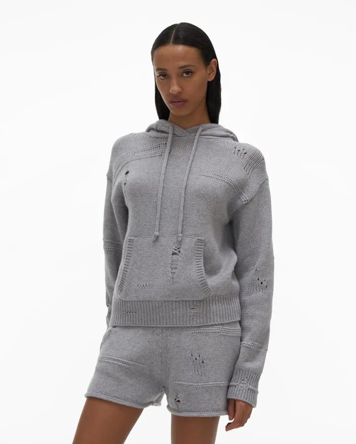 Women Distressed Hoodie Grey Melange Helmut Lang Sweaters