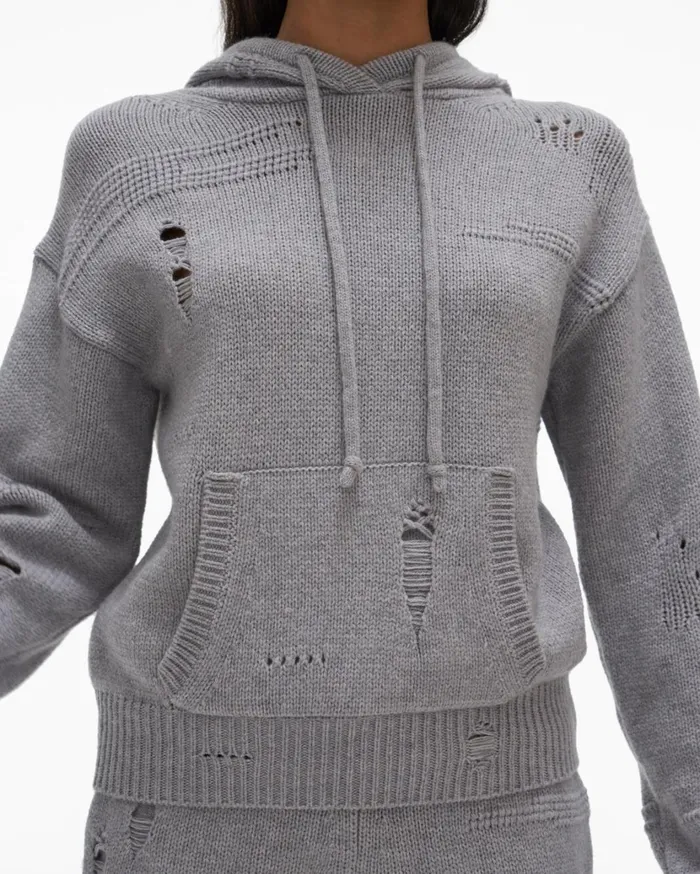Women Distressed Hoodie Grey Melange Helmut Lang Sweaters