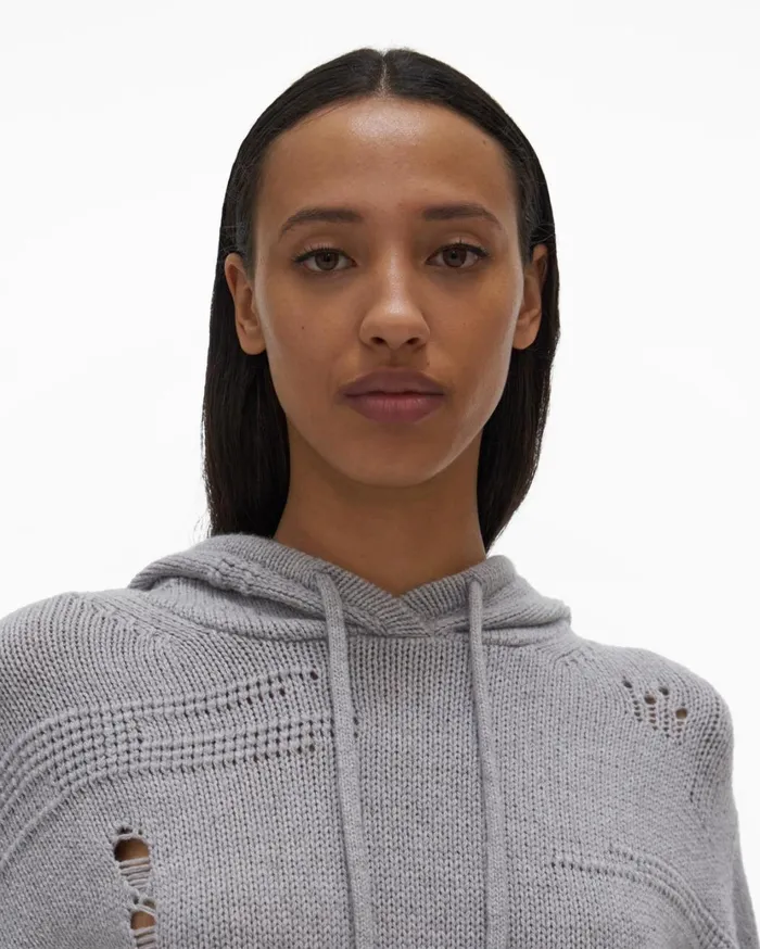 Women Distressed Hoodie Grey Melange Helmut Lang Sweaters