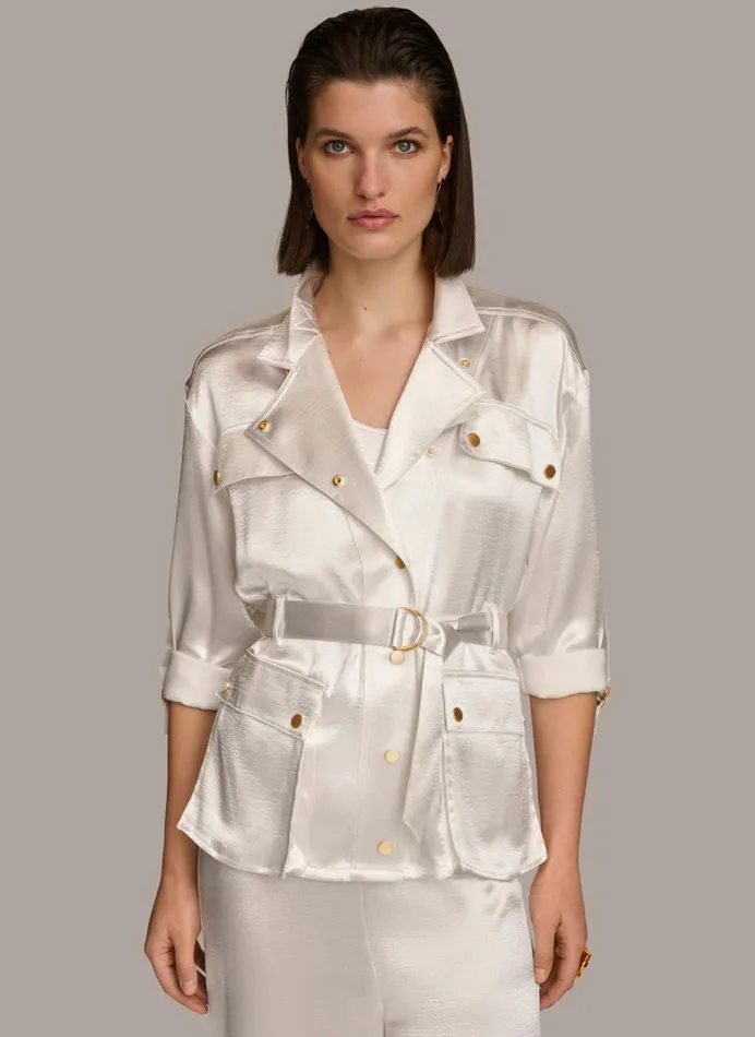 Women Donna Karan Blazers ROLL SLEEVE BELTED JACKET Cream