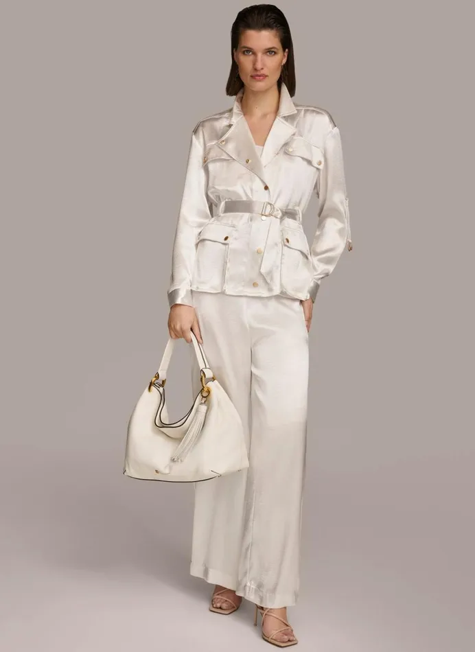 Women Donna Karan Blazers ROLL SLEEVE BELTED JACKET Cream