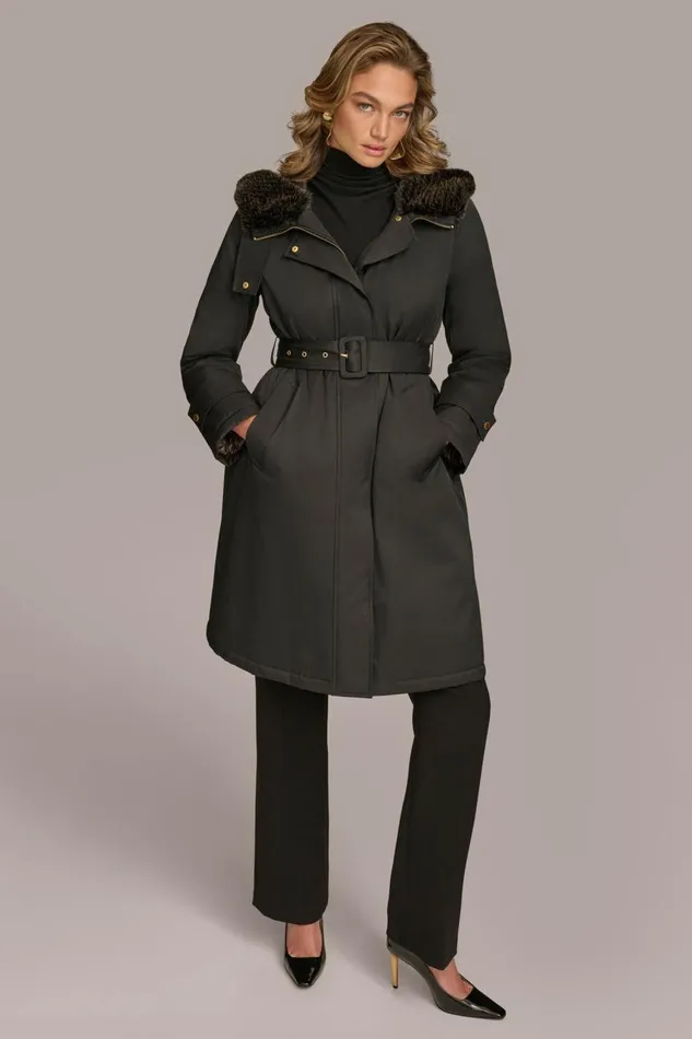Women Donna Karan Coats And Jackets FAUX FUR TRIM LINED RAIN COAT Black