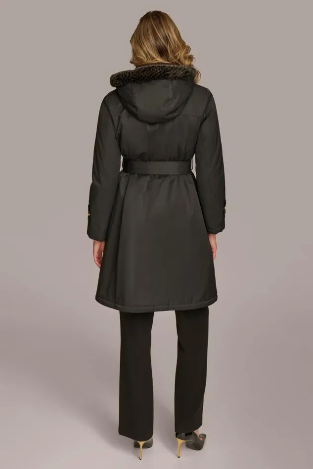Women Donna Karan Coats And Jackets FAUX FUR TRIM LINED RAIN COAT Black
