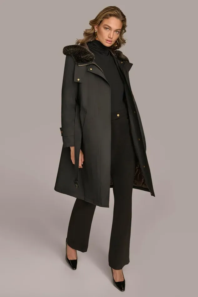 Women Donna Karan Coats And Jackets FAUX FUR TRIM LINED RAIN COAT Black
