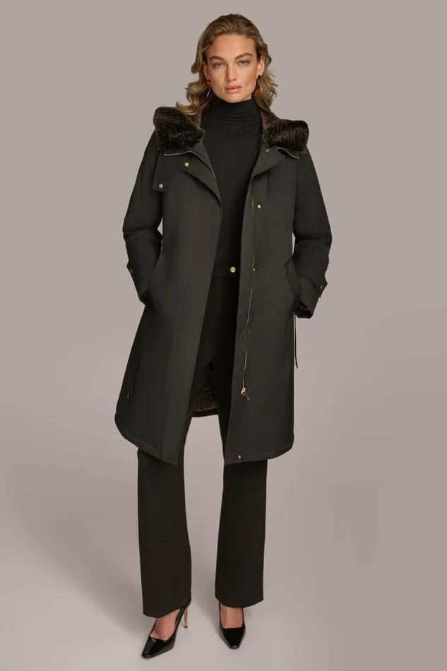 Women Donna Karan Coats And Jackets FAUX FUR TRIM LINED RAIN COAT Black