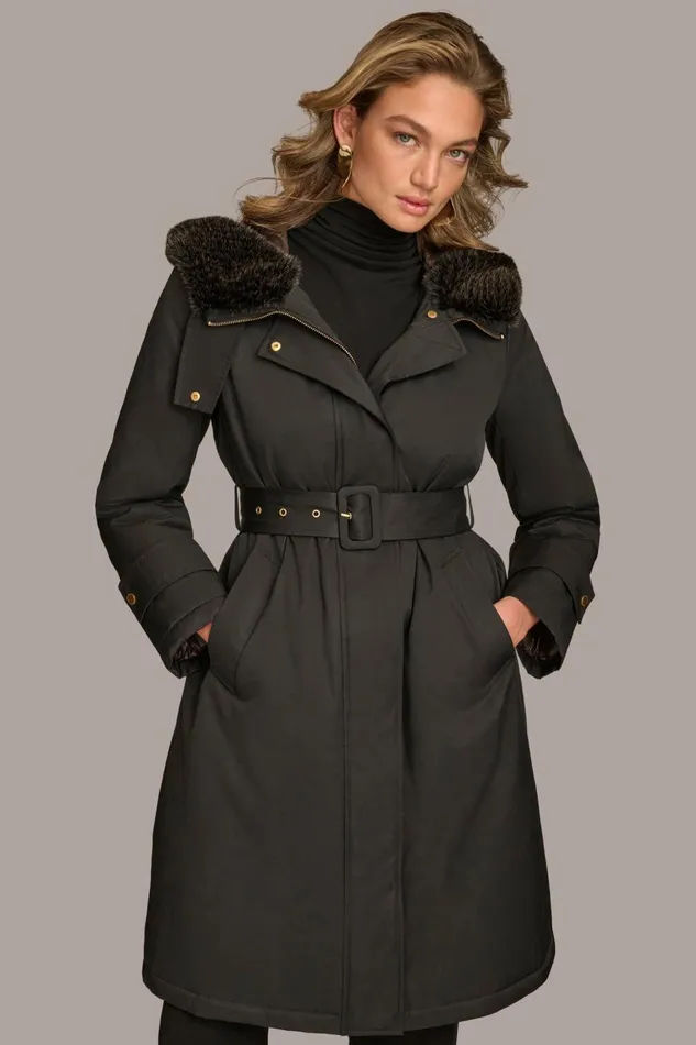 Women Donna Karan Coats And Jackets FAUX FUR TRIM LINED RAIN COAT Black