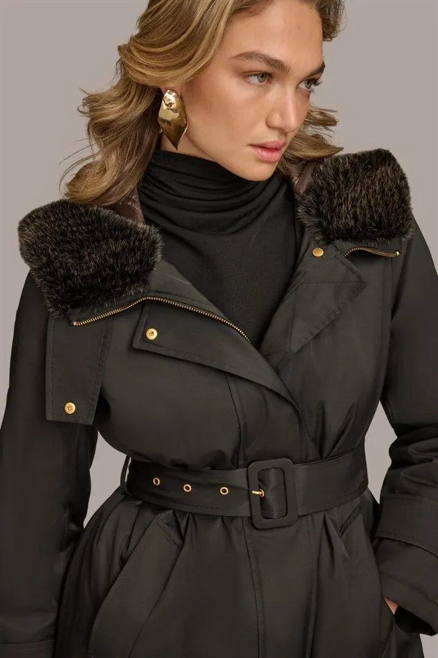 Women Donna Karan Coats And Jackets FAUX FUR TRIM LINED RAIN COAT Black