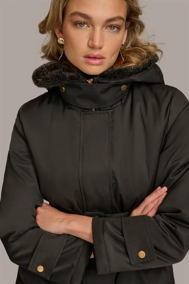 Women Donna Karan Coats And Jackets FAUX FUR TRIM LINED RAIN COAT Black