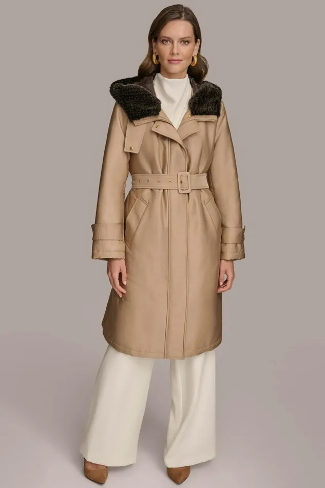 Women Donna Karan Coats And Jackets FAUX FUR TRIM LINED RAIN COAT Khaki