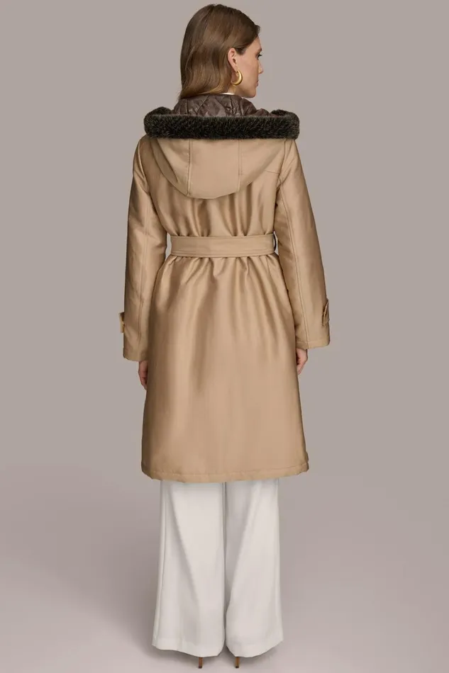 Women Donna Karan Coats And Jackets FAUX FUR TRIM LINED RAIN COAT Khaki