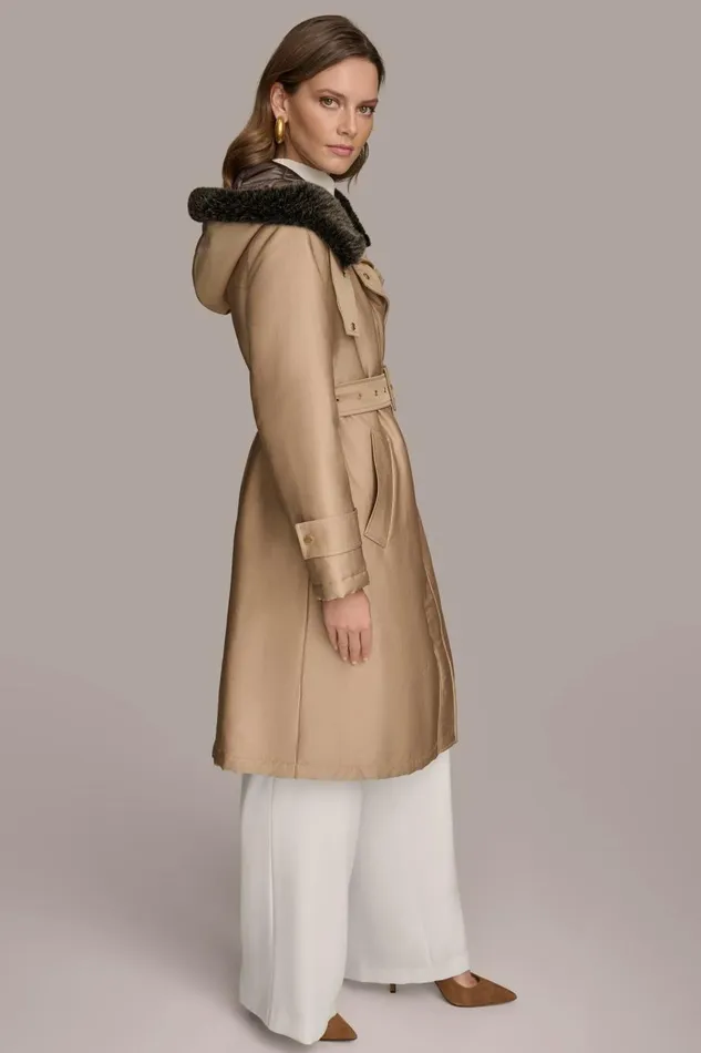 Women Donna Karan Coats And Jackets FAUX FUR TRIM LINED RAIN COAT Khaki