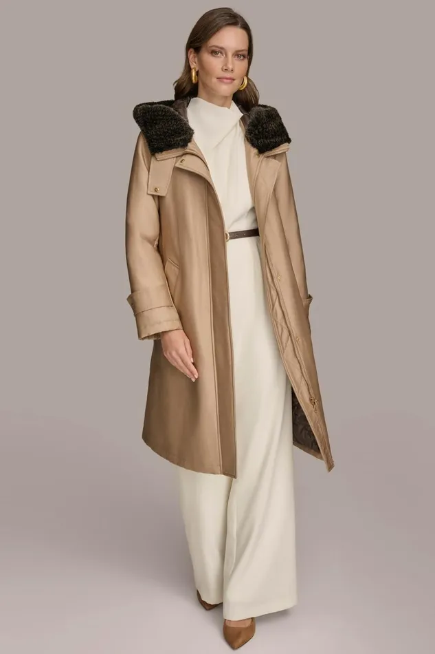 Women Donna Karan Coats And Jackets FAUX FUR TRIM LINED RAIN COAT Khaki